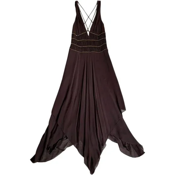 Y2K BCBGMAXAZRIA Brown Asymmetrical Fairy Dress Breaded, Size 4, 100% Silk - Picture 10 of 11